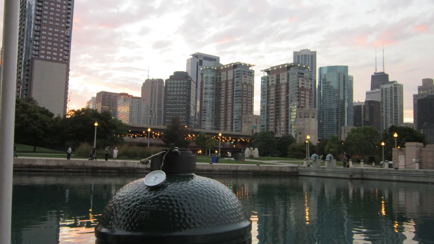 Chicago's skyline seen across Sage's aft deck with the grill in the foreground