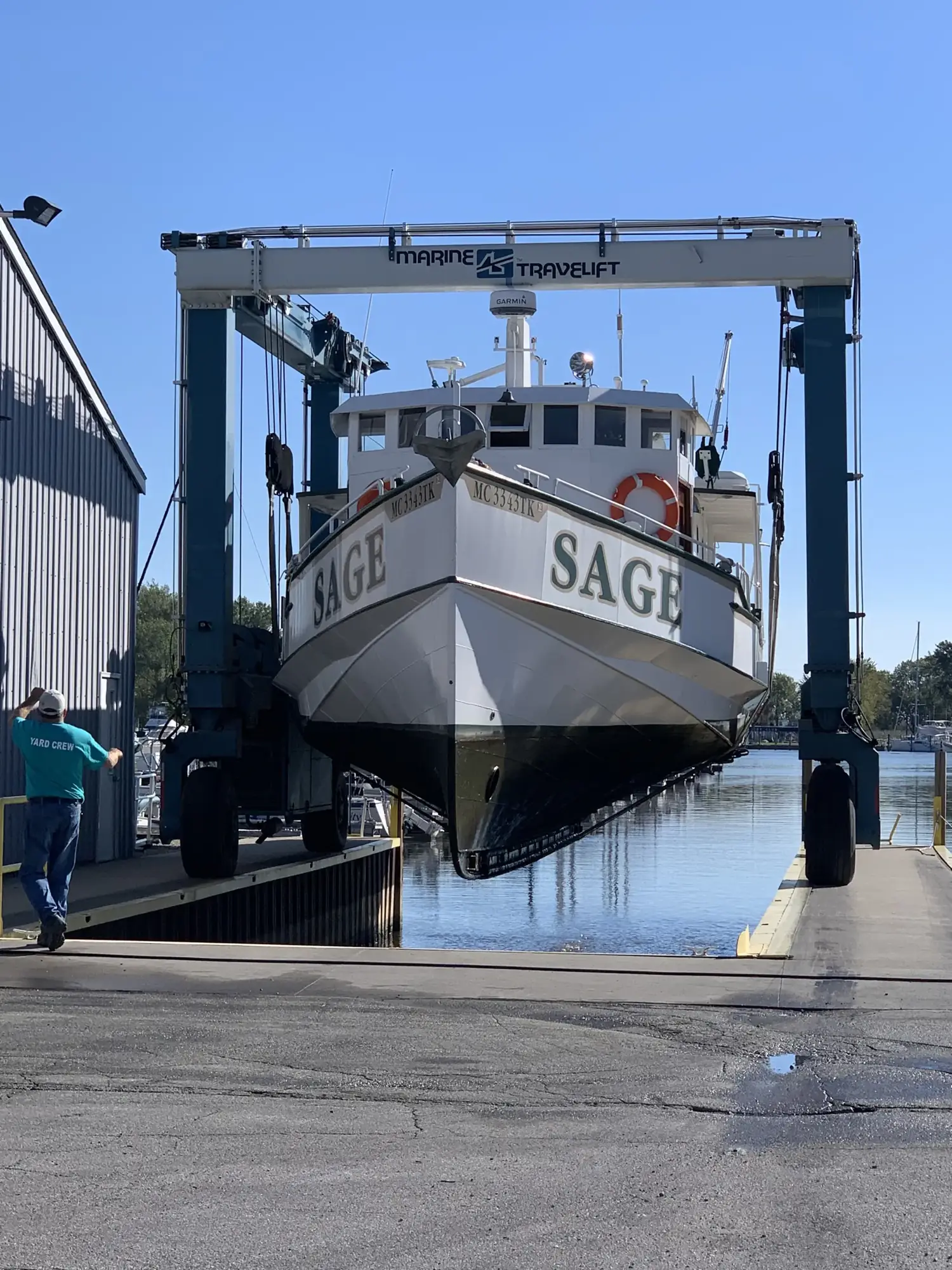 Sage in the travelift during haul-out